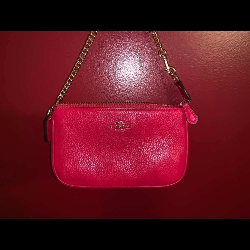 Red Coach Handbag with Gold Chain Detailing